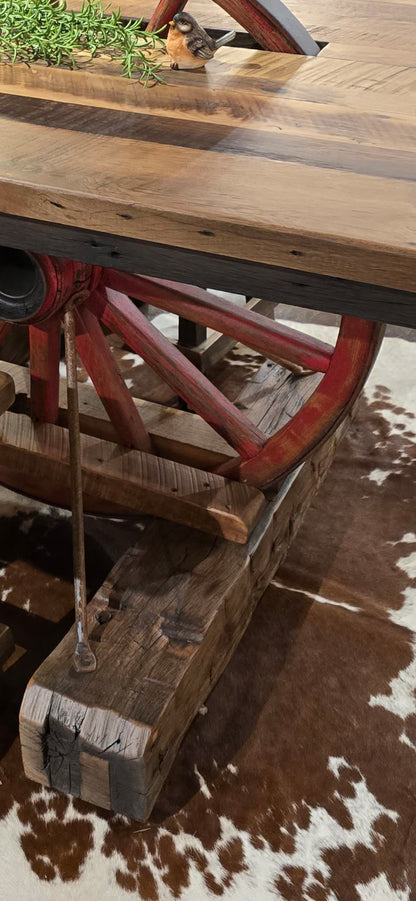 Old West Reclaimed Barn Wood Wagon Wheel Table Set with Bar Stools