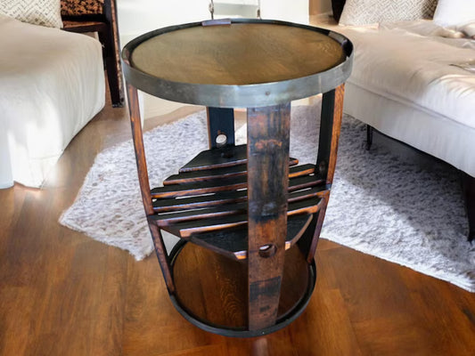 Handmade Whiskey Barrel 360° Display Rack | Reclaimed Oak Barrel Shelf
