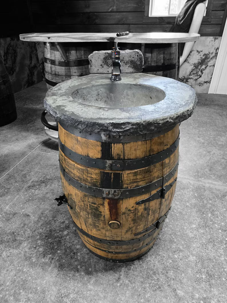 Whiskey Barrel Vanity with Concrete Sink – Rustic Bathroom Vanity with Bowl