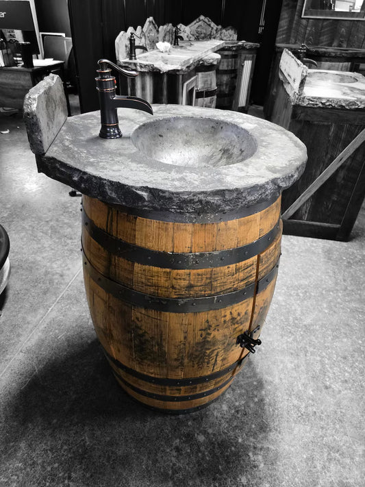 Whiskey Barrel Vanity with Concrete Sink – Rustic Bathroom Vanity with Bowl