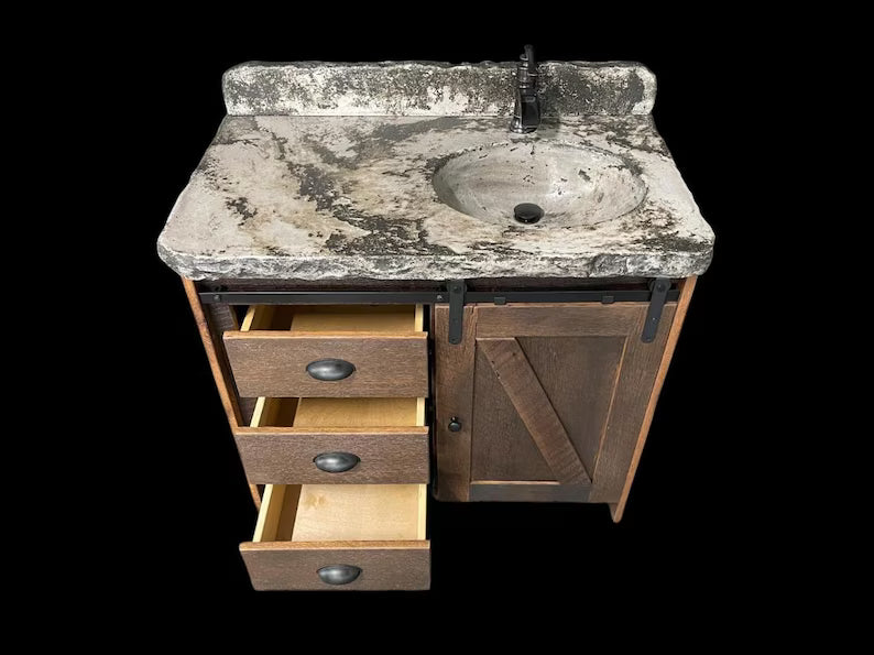 36 Inch Rustic Barn Door Bathroom Vanity with Concrete Top – Reclaimed Wood Vanity