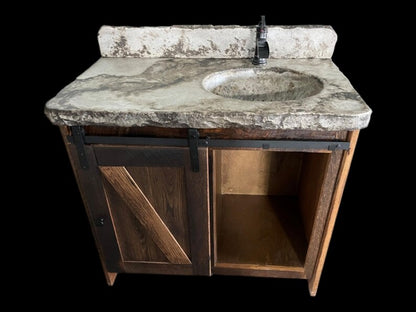 36 Inch Rustic Barn Door Bathroom Vanity with Concrete Top – Reclaimed Wood Vanity