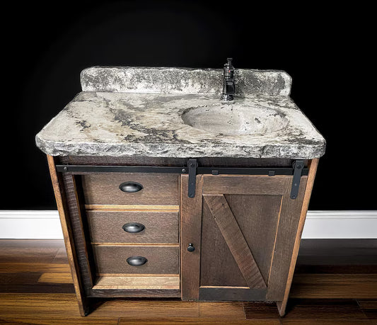 36 Inch Rustic Barn Door Bathroom Vanity with Concrete Top – Reclaimed Wood Vanity