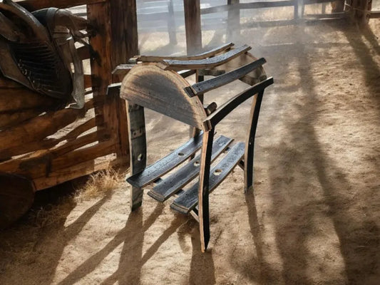 Whiskey Barrel Stave Saddle Stand | Handcrafted Rustic Western Saddle Rack with Shelf