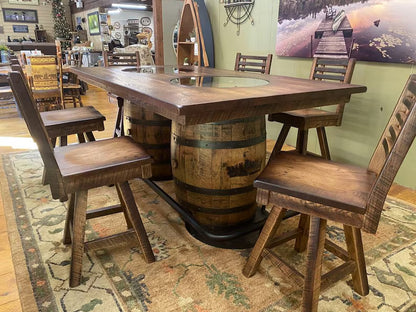 Reclaimed Barnwood Swivel Bar Stool with Whiskey Barrel Back | Amish Made (24” & 30”)