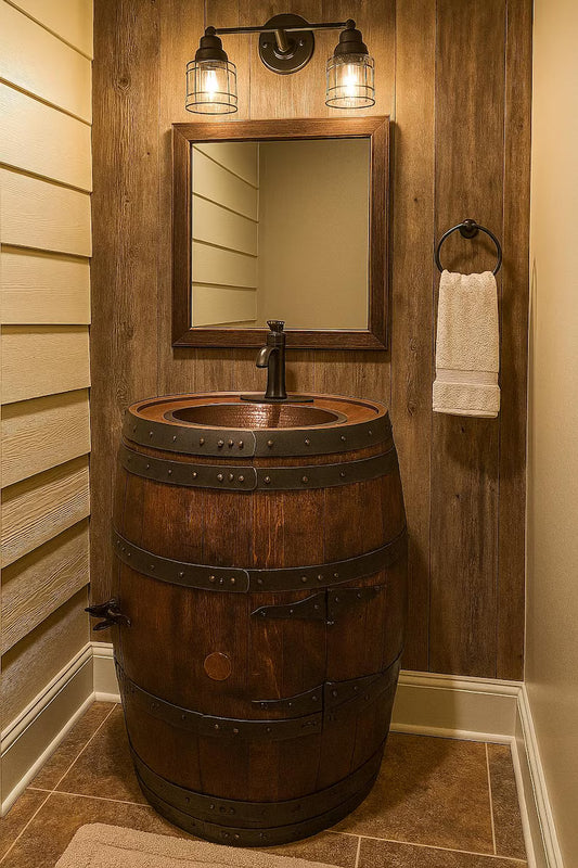 Bourbon Whiskey Barrel Vanity with Hammered Copper Sink | Rustic Bathroom Vanity
