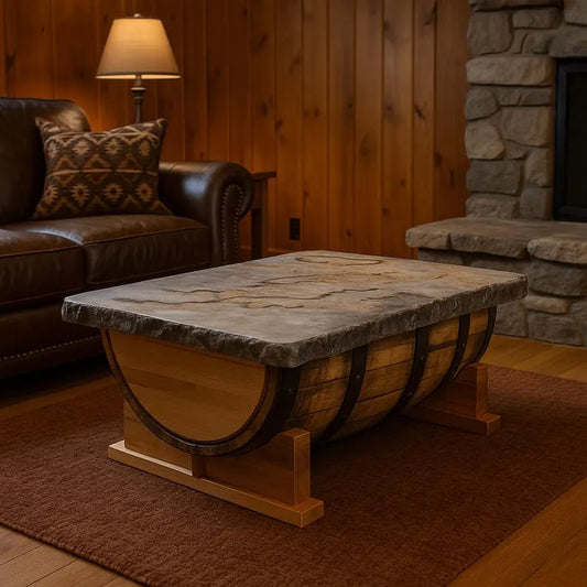 Whiskey Barrel Coffee Table with Concrete Top | Reclaimed Barn Wood Base Rustic Table