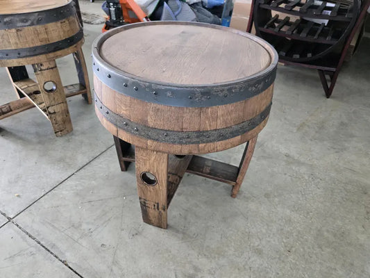 Whiskey Barrel End Table with Stave Legs | Handcrafted Rustic Barrel Wood Table (22")