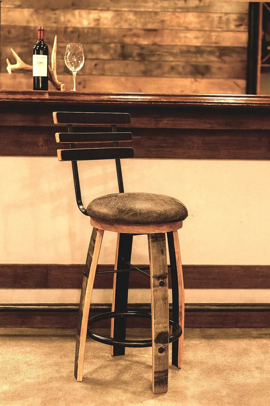 Rustic Whiskey Barrel Stave Bar Stool with Cushioned Seat