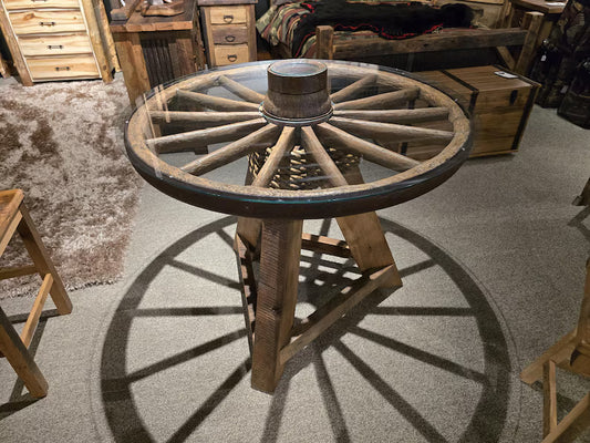 Authentic Wagon Wheel Pub Table with Tempered Glass Top