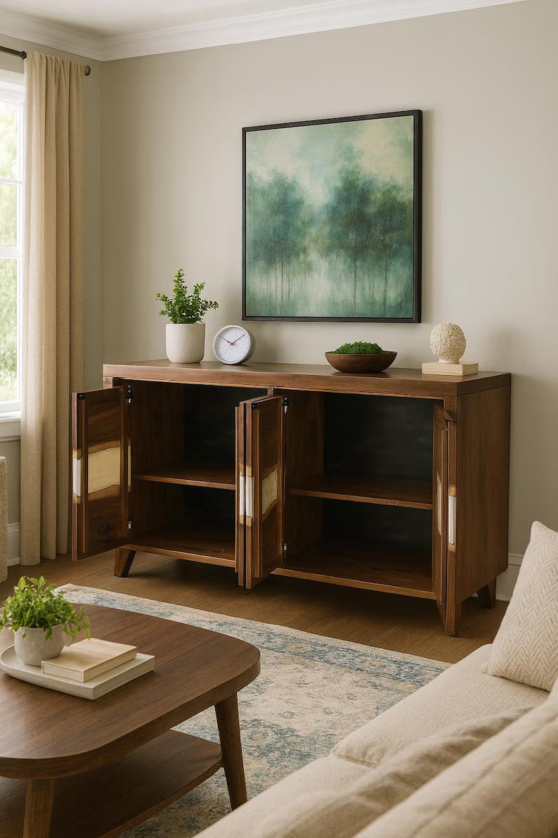 Rustic Walnut Sideboard with Epoxy River – Live Edge Storage Cabinet
