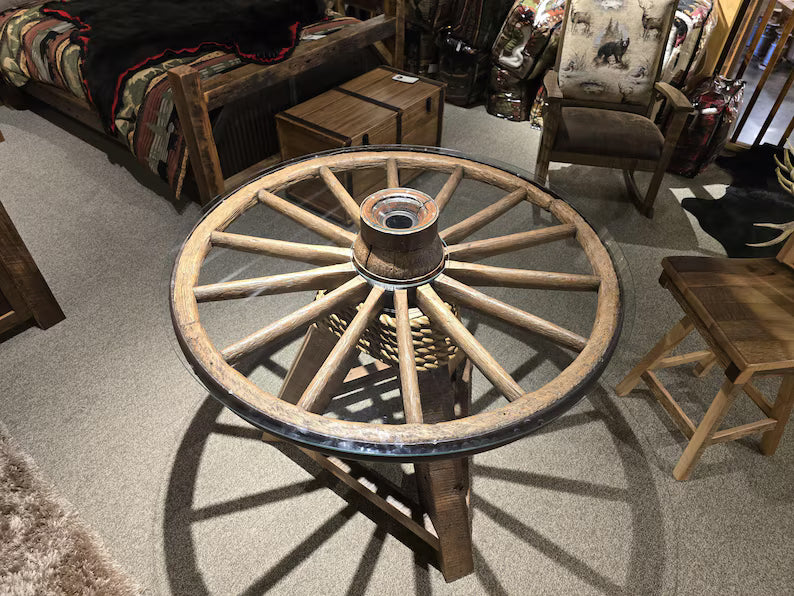 Authentic Wagon Wheel Pub Table with Tempered Glass Top