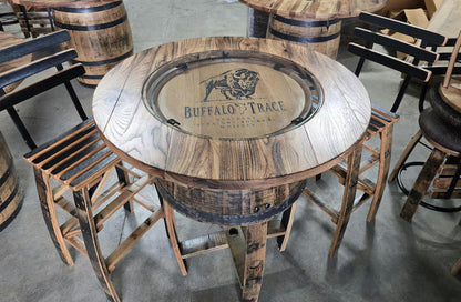 Buffalo Trace Whiskey Barrel Pub Table Set with 2 Stools | Rustic Bourbon Furniture