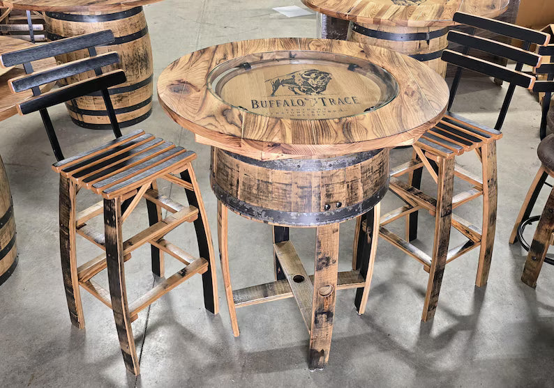 Buffalo Trace Whiskey Barrel Pub Table Set with 2 Stools | Rustic Bourbon Furniture