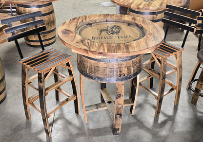 Buffalo Trace Whiskey Barrel Pub Table Set with 2 Stools | Rustic Bourbon Furniture