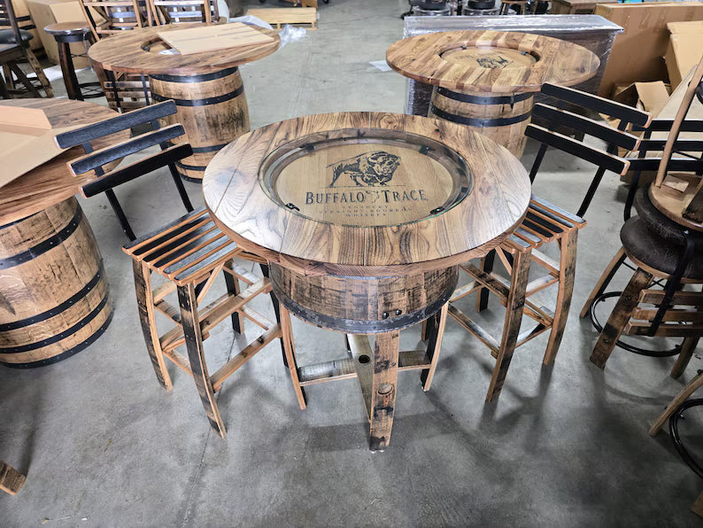 Buffalo Trace Whiskey Barrel Pub Table Set with 2 Stools | Rustic Bourbon Furniture