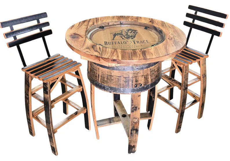 Buffalo Trace Whiskey Barrel Pub Table Set with 2 Stools | Rustic Bourbon Furniture