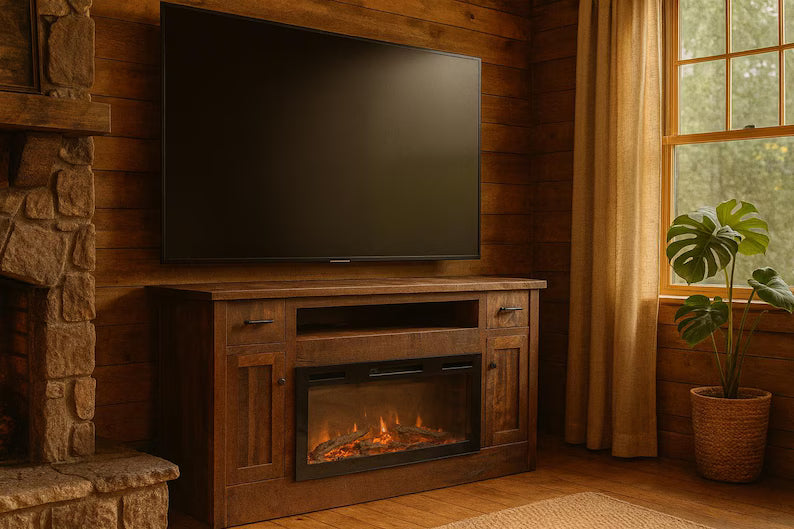 Reclaimed Barn Wood Fireplace TV Stand – Amish Rustic Entertainment Center 72”