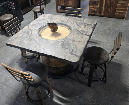 Whiskey Barrel Table Set with Concrete Top – 48” Square Bar Table & 4 Stools