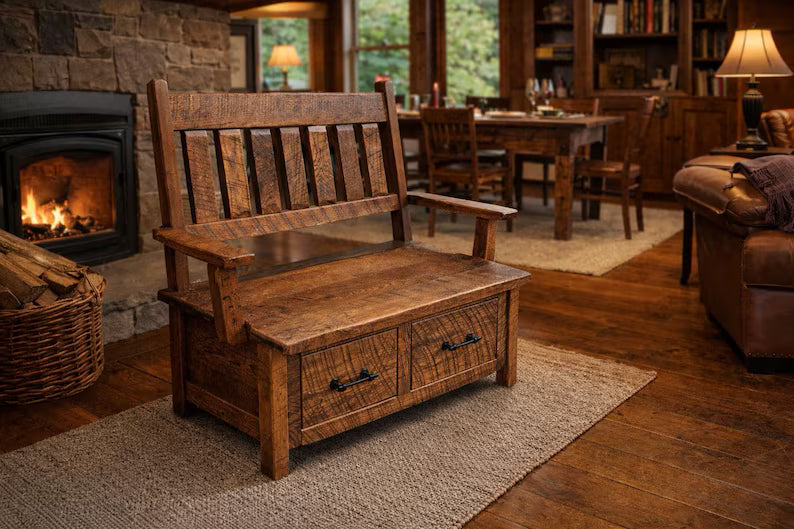 Handmade Reclaimed Wood Deacon Bench | Rustic Farmhouse Entryway Bench