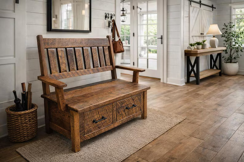 Handmade Reclaimed Wood Deacon Bench | Rustic Farmhouse Entryway Bench