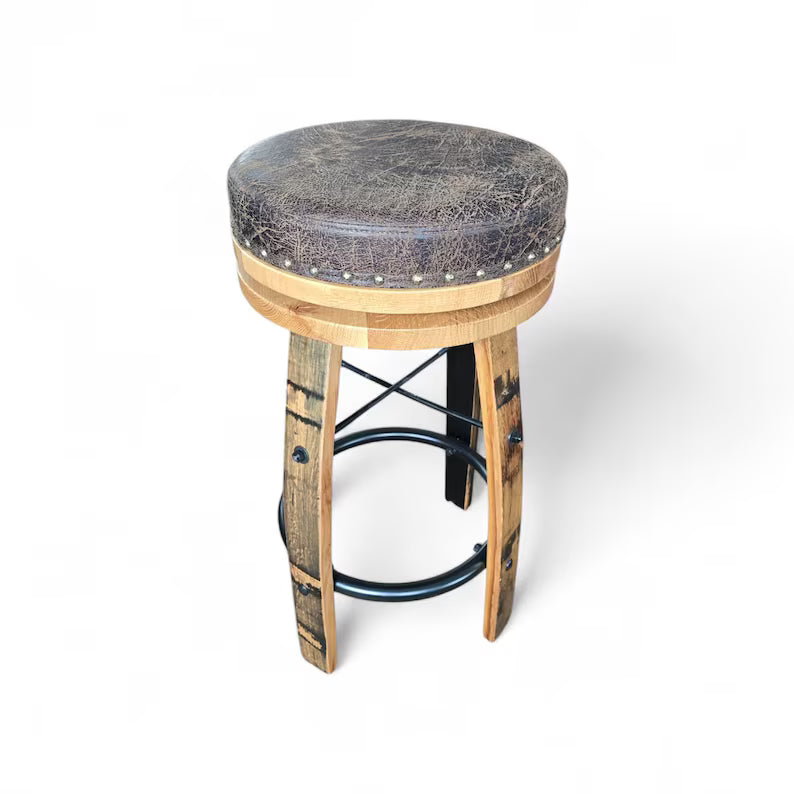 Amish Whiskey Barrel Bar Stool – Rustic Stave Stool with Leather Cushion