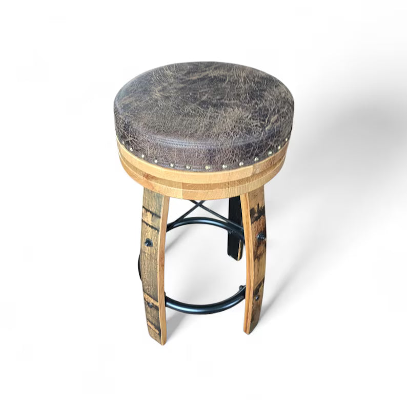 Amish Whiskey Barrel Bar Stool – Rustic Stave Stool with Leather Cushion