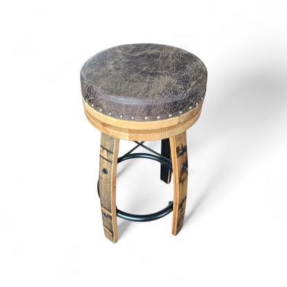 Amish Whiskey Barrel Bar Stool – Rustic Stave Stool with Leather Cushion