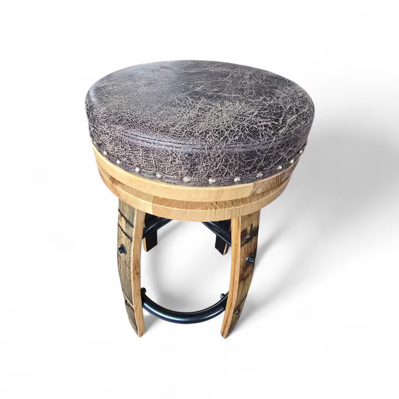 Amish Whiskey Barrel Bar Stool – Rustic Stave Stool with Leather Cushion