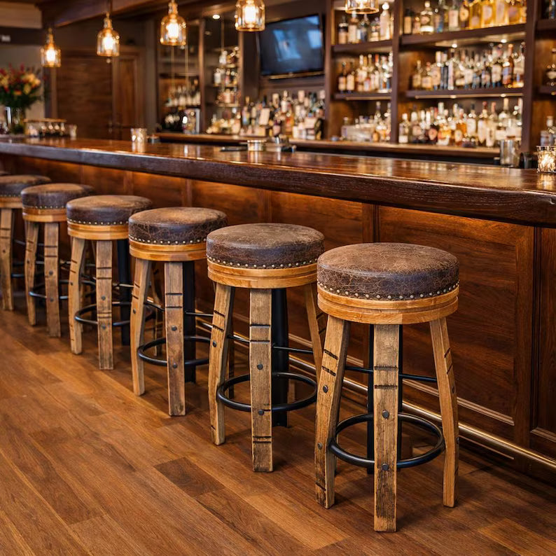 Amish Whiskey Barrel Bar Stool – Rustic Stave Stool with Leather Cushion