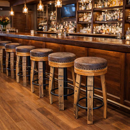Amish Whiskey Barrel Bar Stool – Rustic Stave Stool with Leather Cushion