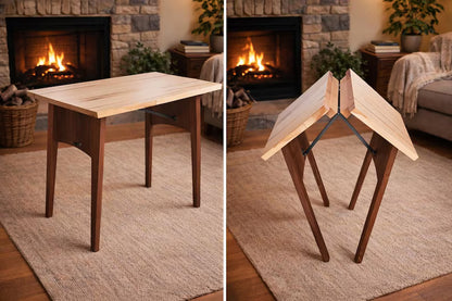 Amish Handbuilt Wormy Maple & Rustic Walnut Folding Fireside Table – Solid Wood Accent Table – Small Space Side Table – Handmade Heirloom