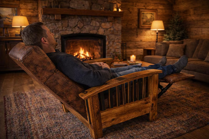 Amish Whiskey Barrel Stave Pushback Recliner | Rustic Hickory Chair