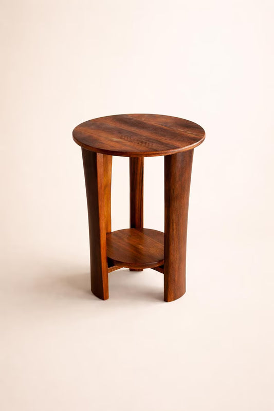 Reclaimed Barn Wood Round End Table with Shelf | Amish Handcrafted Rustic Chairside Table