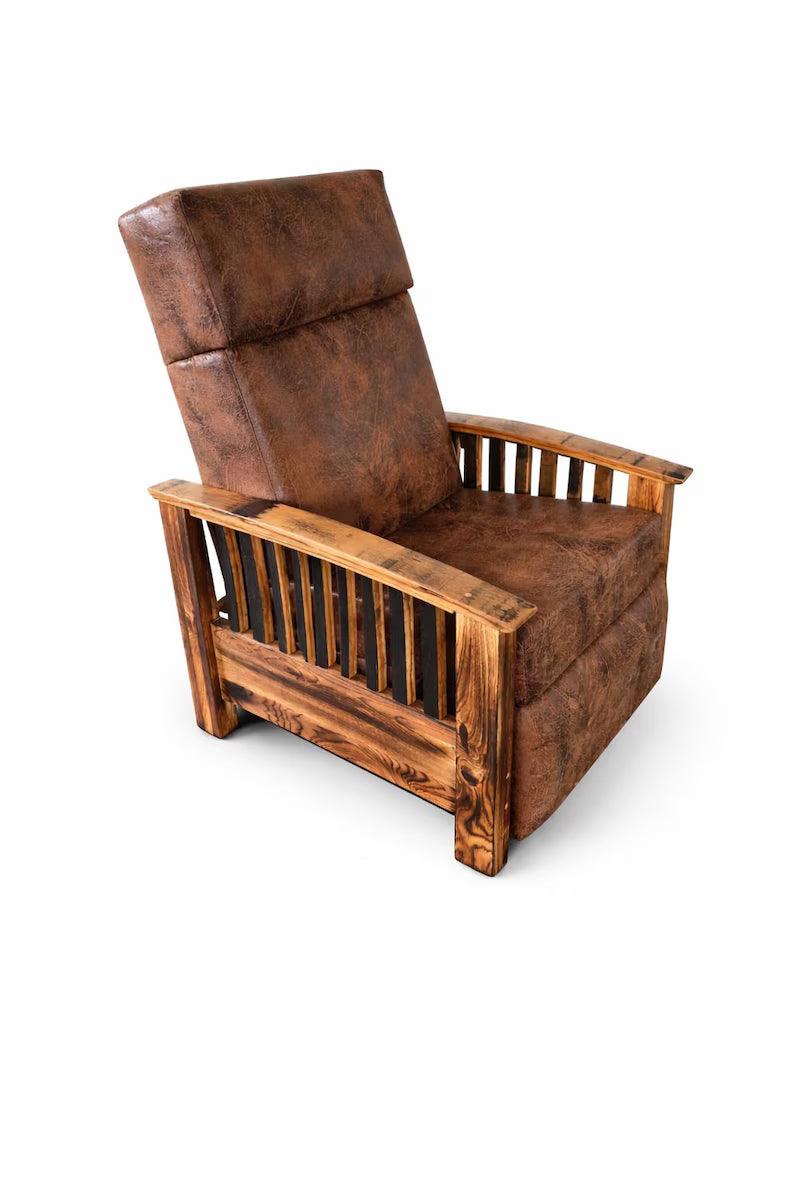 Amish Whiskey Barrel Stave Pushback Recliner | Rustic Hickory Chair