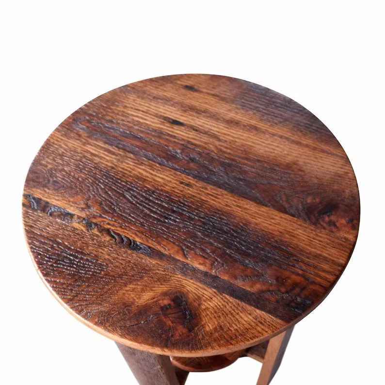 Reclaimed Barn Wood Round End Table with Shelf | Amish Handcrafted Rustic Chairside Table