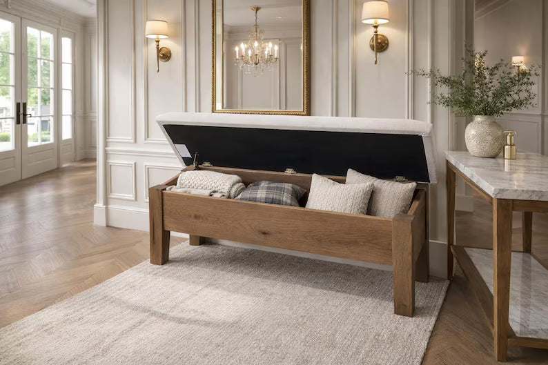 48" Rustic Hickory Storage Bench with Upholstered Seat | Amish Handmade Entryway Bench | Blanket Storage Bench | Farmhouse Seating