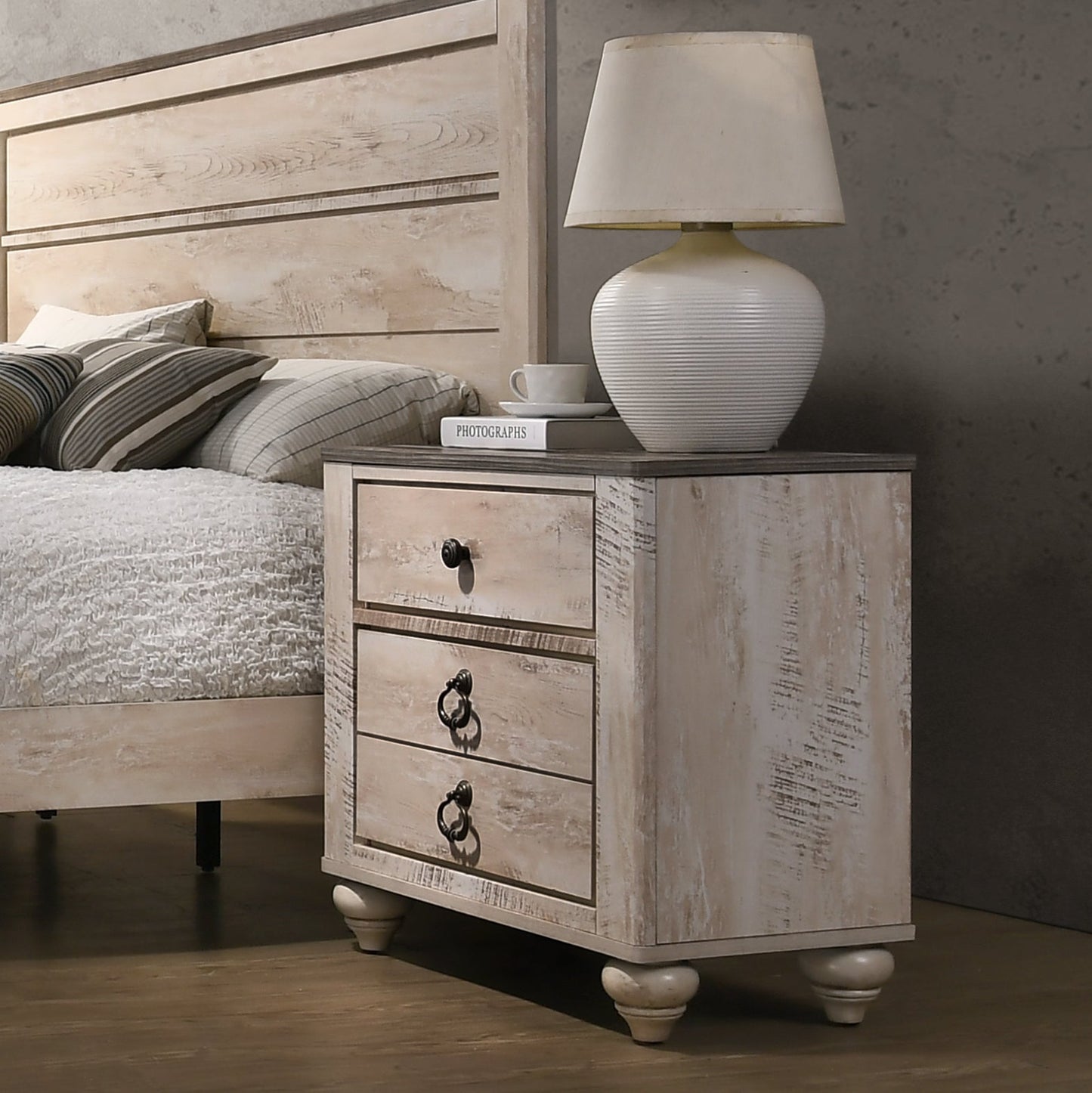Imerland Whitewash 3-Drawer Nightstand with Patched Wood Top - 1st Choice Furniture Direct