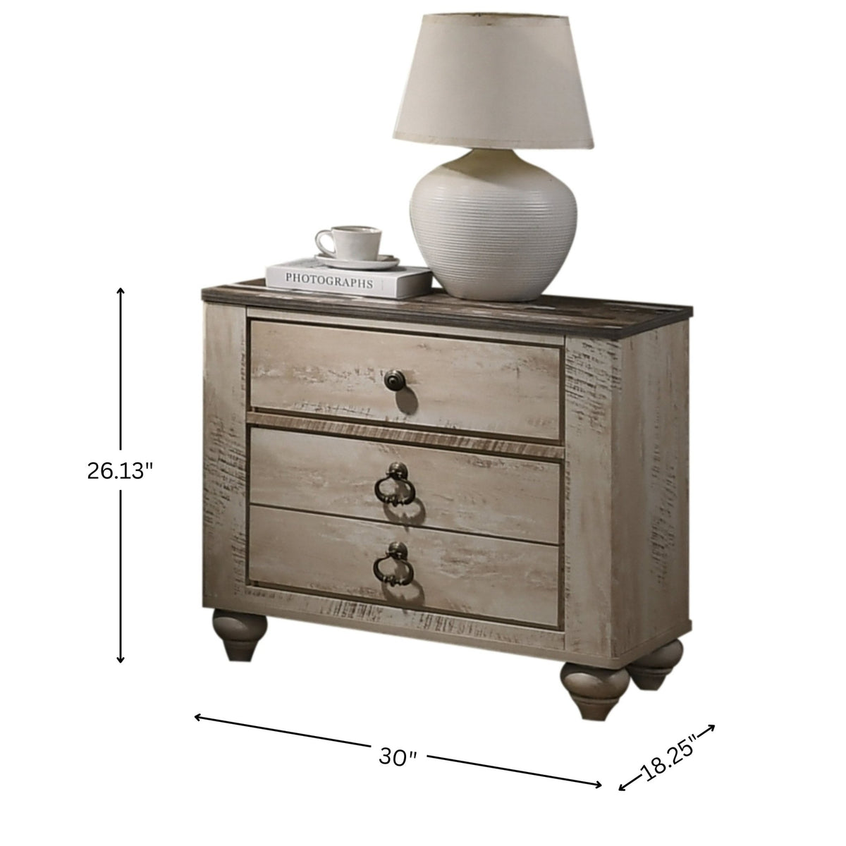 Imerland Whitewash 3-Drawer Nightstand with Patched Wood Top - 1st Choice Furniture Direct