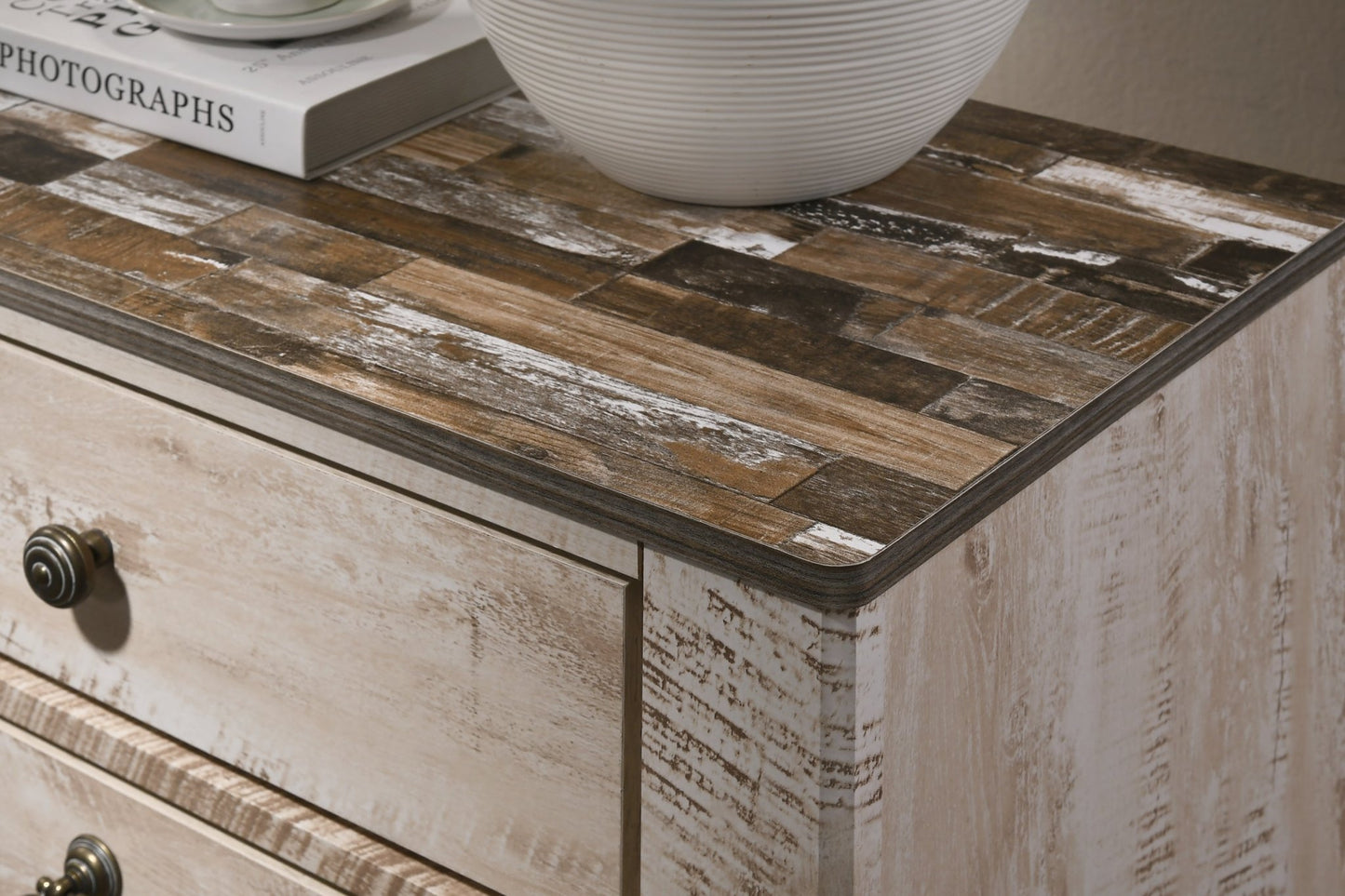Imerland Whitewash 3-Drawer Nightstand with Patched Wood Top - 1st Choice Furniture Direct