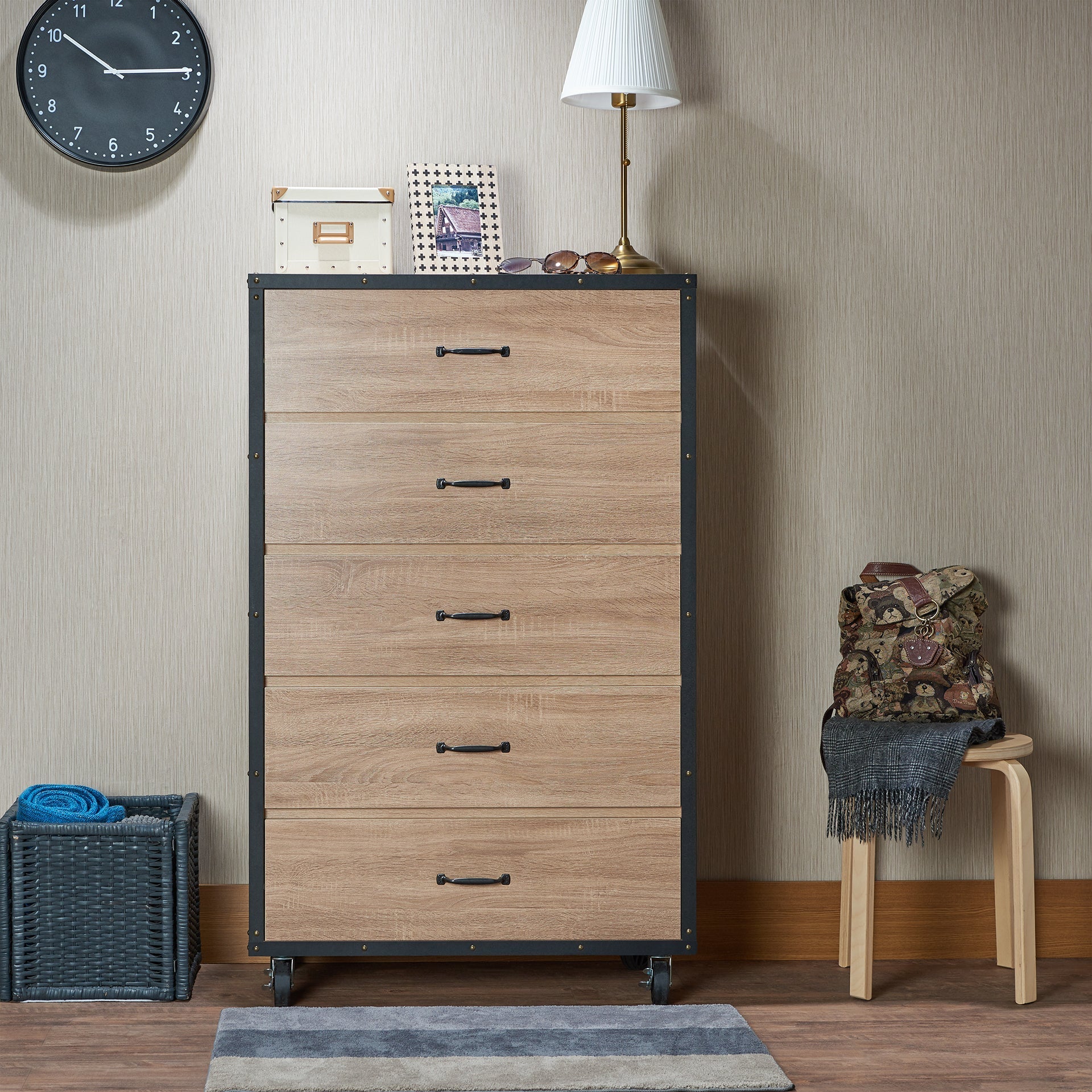 Industrial Light Oak 5-Drawer Chest with Locking Caster Wheels - 1st Choice Furniture Direct