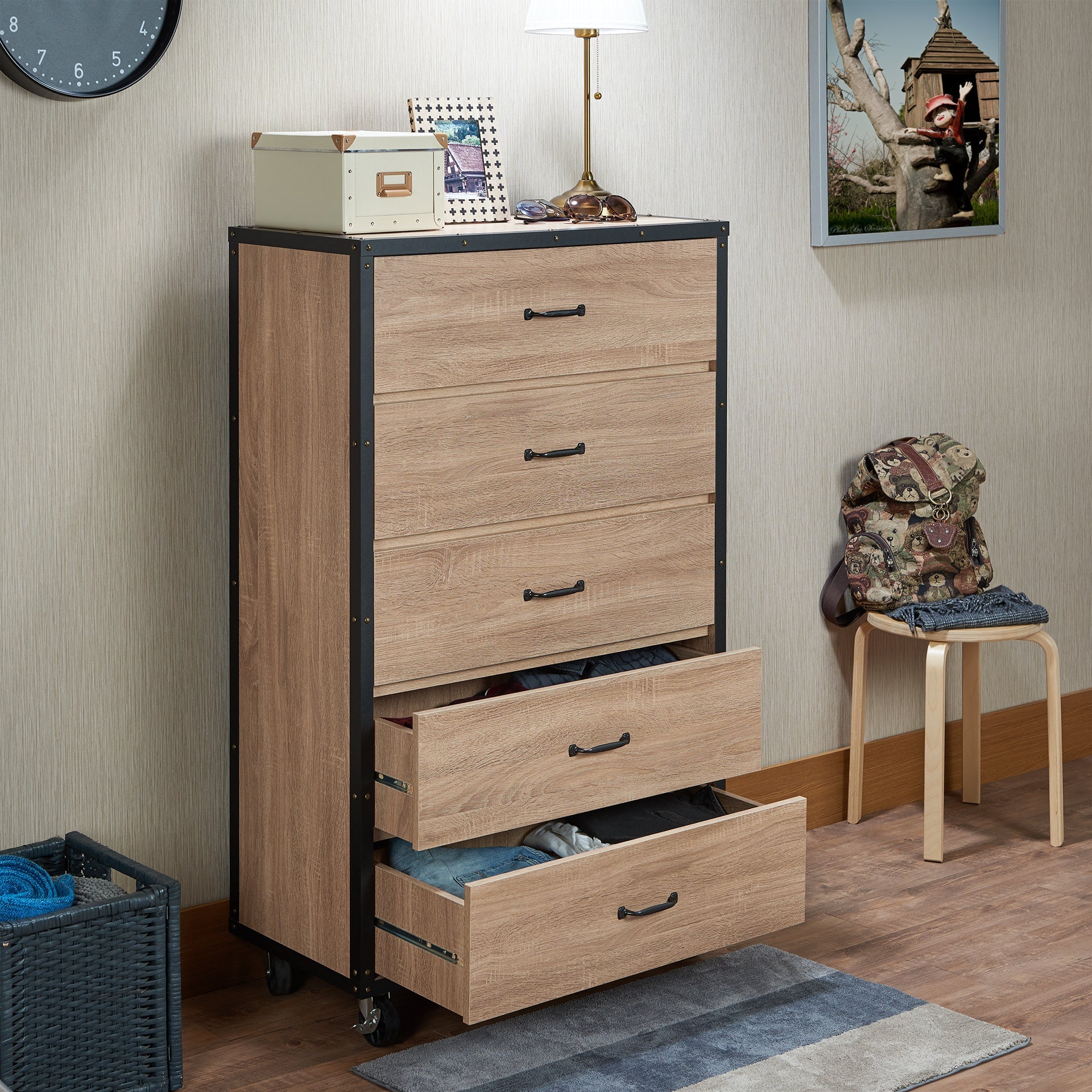 Industrial Light Oak 5-Drawer Chest with Locking Caster Wheels - 1st Choice Furniture Direct