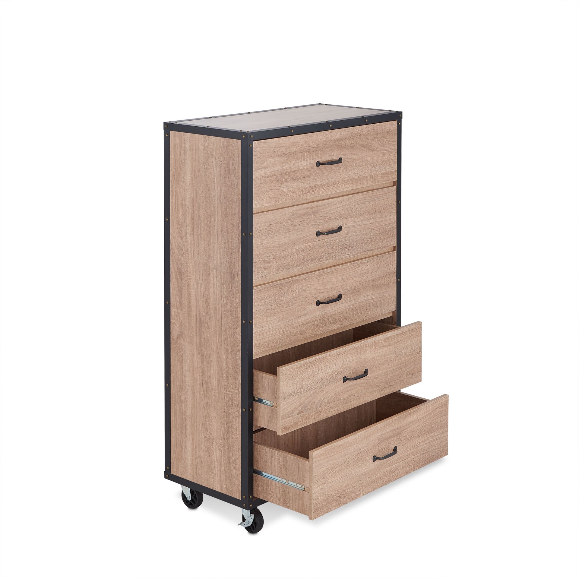 Industrial Light Oak 5-Drawer Chest with Locking Caster Wheels - 1st Choice Furniture Direct