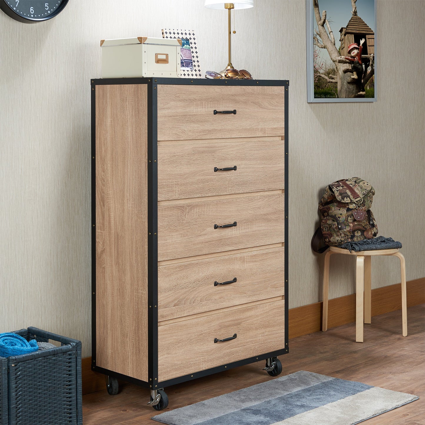 Industrial Light Oak 5-Drawer Chest with Locking Caster Wheels - 1st Choice Furniture Direct