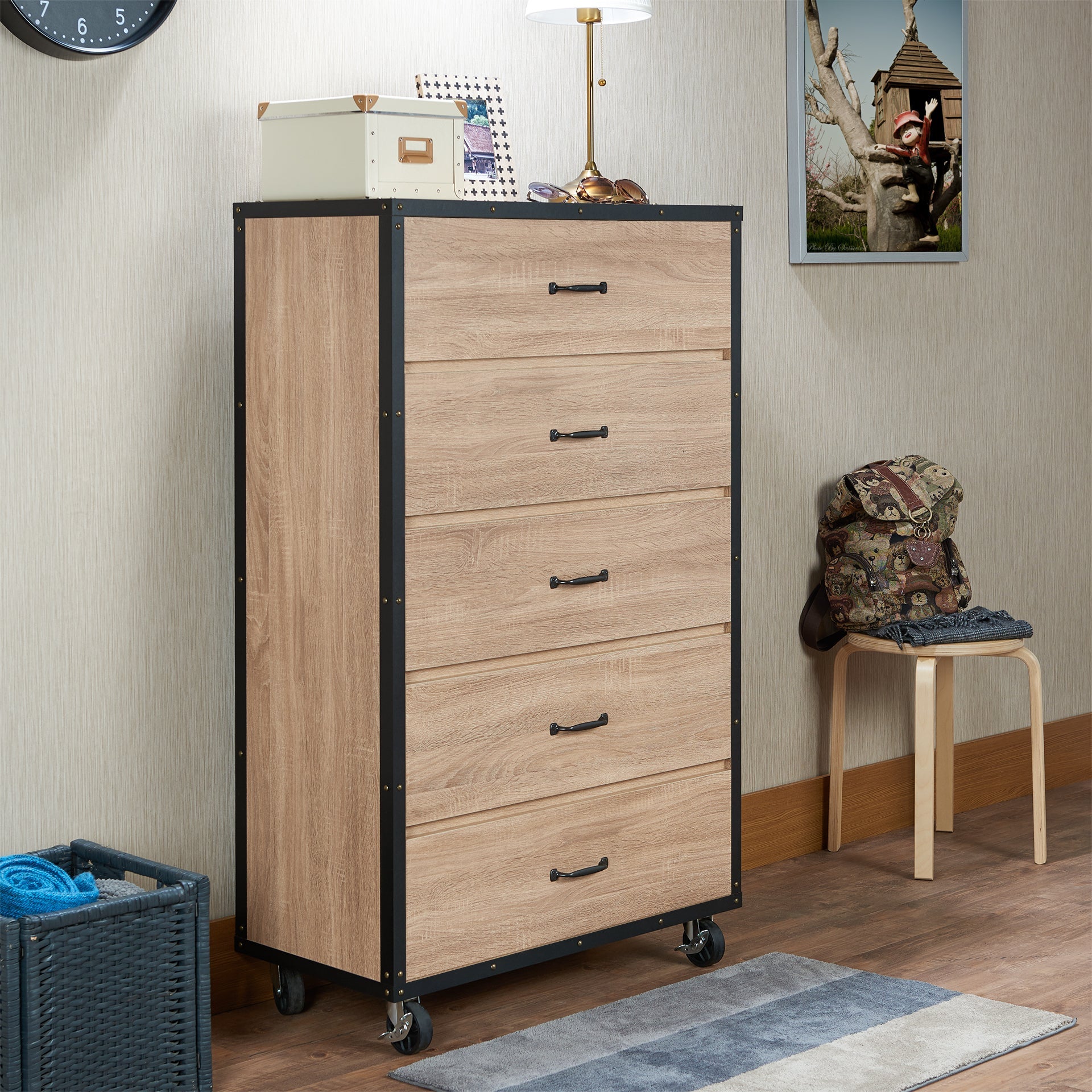Industrial Light Oak 5-Drawer Chest with Locking Caster Wheels - 1st Choice Furniture Direct