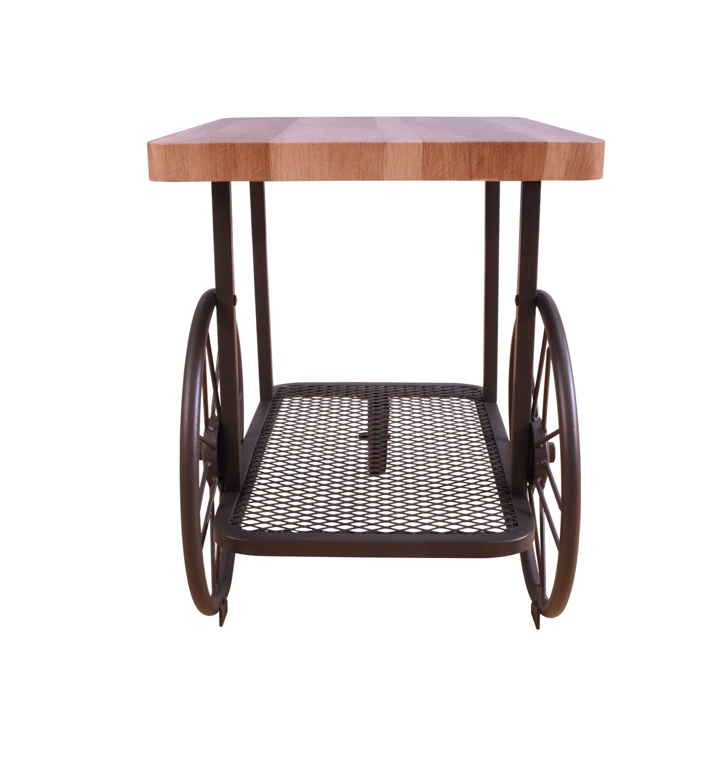 Industrial Oak End Table with Metal Mesh Shelf & Wheels - 1st Choice Furniture Direct