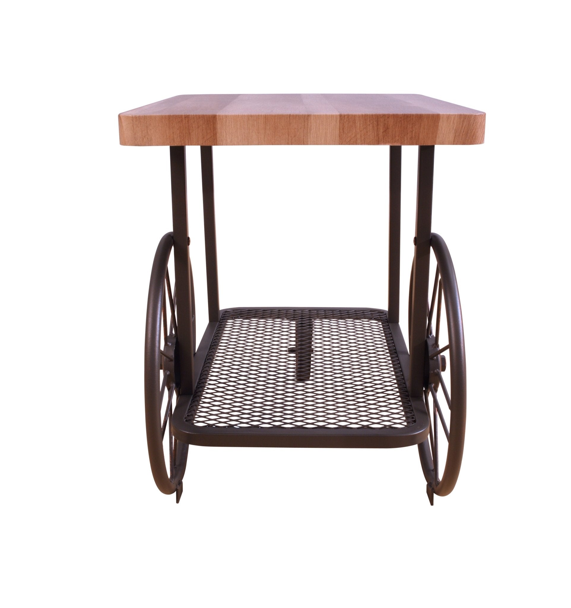 Industrial Oak End Table with Metal Mesh Shelf & Wheels - 1st Choice Furniture Direct