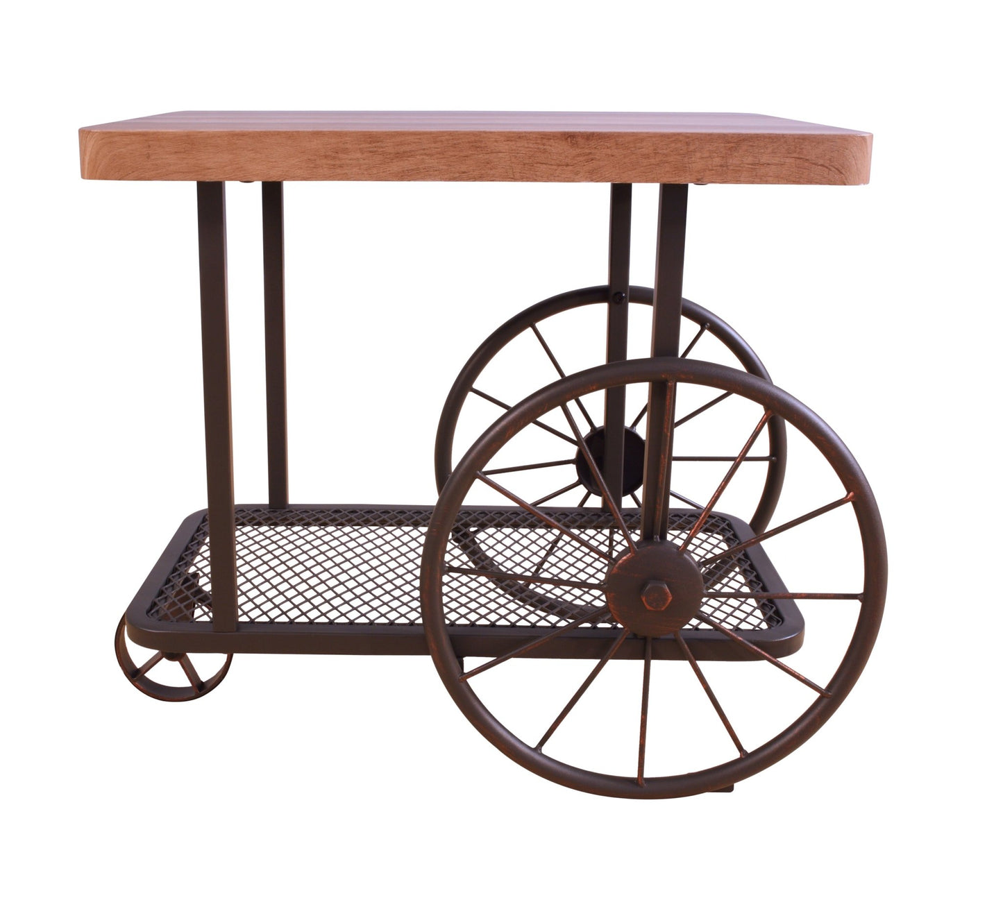 Industrial Oak End Table with Metal Mesh Shelf & Wheels - 1st Choice Furniture Direct