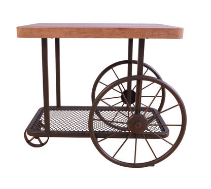 Industrial Oak End Table with Metal Mesh Shelf & Wheels - 1st Choice Furniture Direct