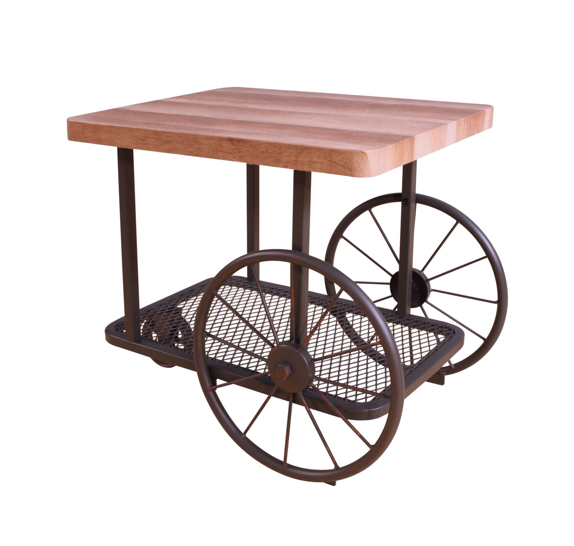 Industrial Oak End Table with Metal Mesh Shelf & Wheels - 1st Choice Furniture Direct